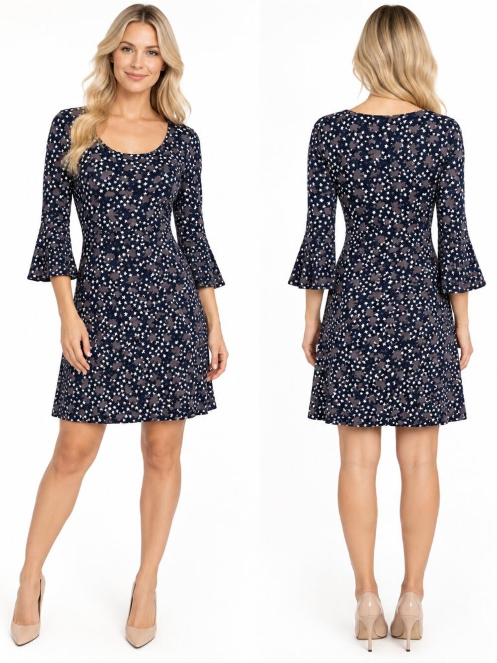 Boden Miriam Bird Star Print Bell Sleeve Jersey Dress Women Navy Size 4R Novelty